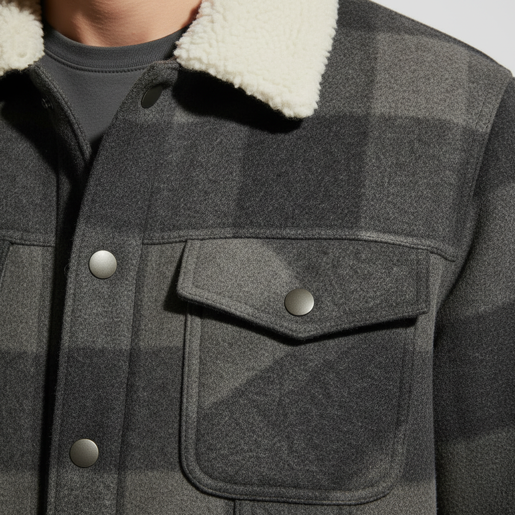 Luxury Plaid Sherpa-Collar Trucker Jacket - Charcoal Smoke Grey - Detail Shot