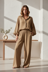 Luxury Textured Lounge Co-ord Set in Dusty Olive Nude - Front Full Body