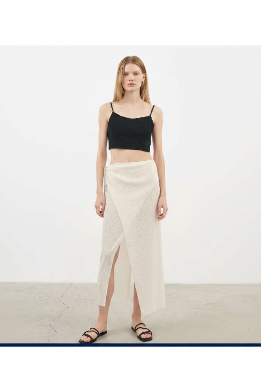 Luxury Beach Wrap Skirt Set in Oatmeal Cream - Front View