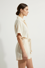 Luxury Linen Lounge Romper in Warm Coconut Cream - Side Standing