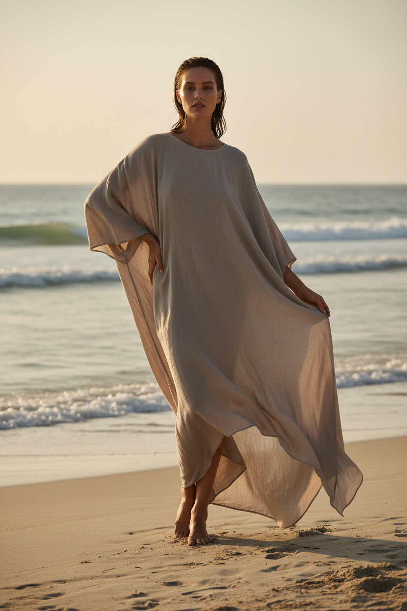 Luxury Resort Kaftan in Warm Stone Grey - Lifestyle