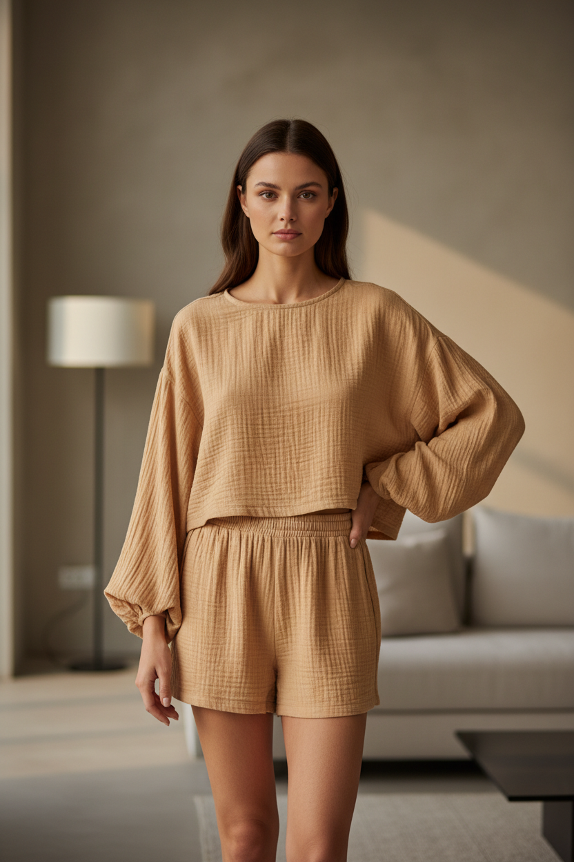 Luxury Minimal Lounge Set in Warm Almond Beige - Front Full Body