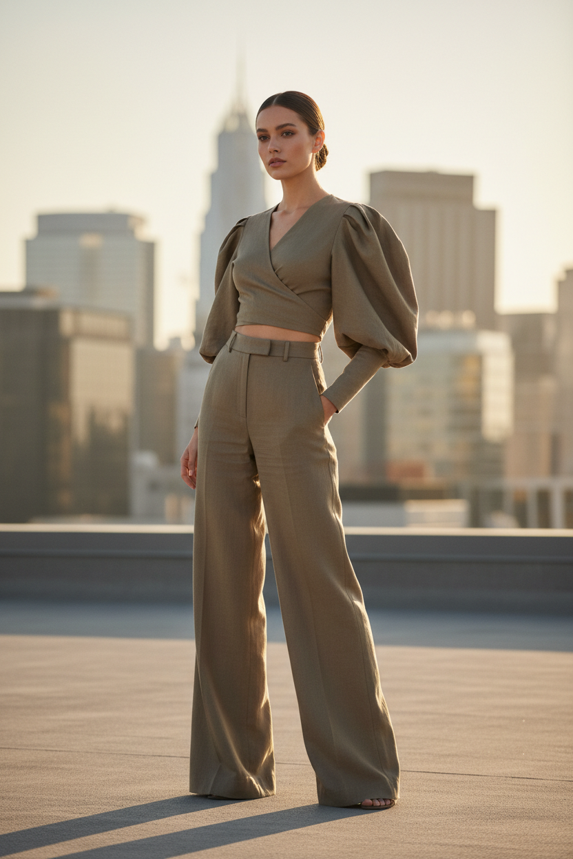 Luxury Tailored Puff-Sleeve Pants Co-ord Set in Dusty Olive Nude - Three Quarter Editorial