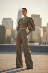 Luxury Tailored Puff-Sleeve Pants Co-ord Set in Dusty Olive Nude - Three Quarter Editorial