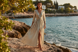 Luxury Striped Twist-Front Maxi Dress in Muted Olive & Cream Stripe - Lifestyle