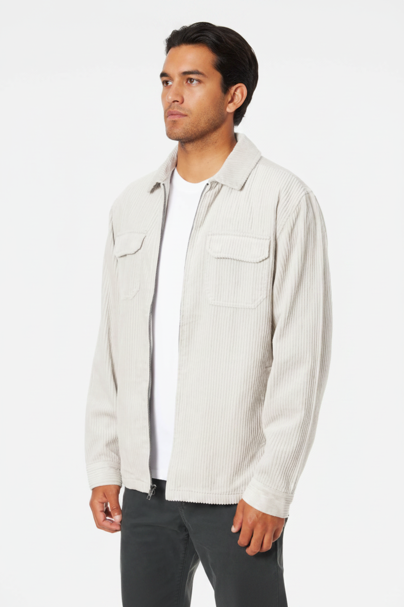 Luxury Corduroy Zip-Up Jacket - Soft Ivory Cream - Side Angle