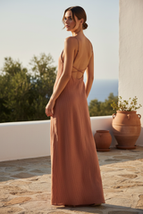 Luxury Textured Maxi Slip Dress in Dusty Terracotta Nude - Open Back