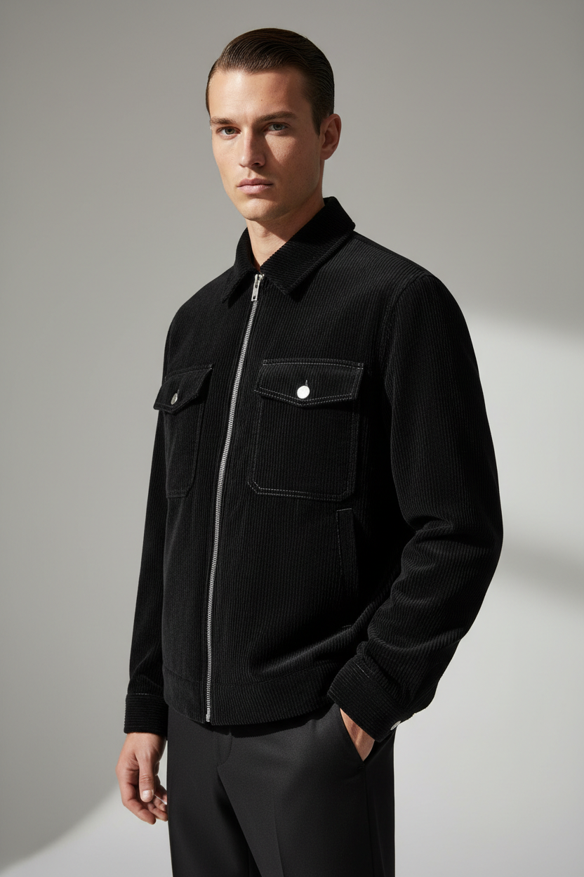 Luxury Corduroy Zip-Up Jacket - Midnight Black - Three Quarter Editorial