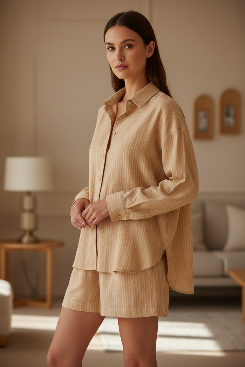 Luxury Striped Loungewear Short Set in Warm Sand Beige Stripe - Editorial Pose