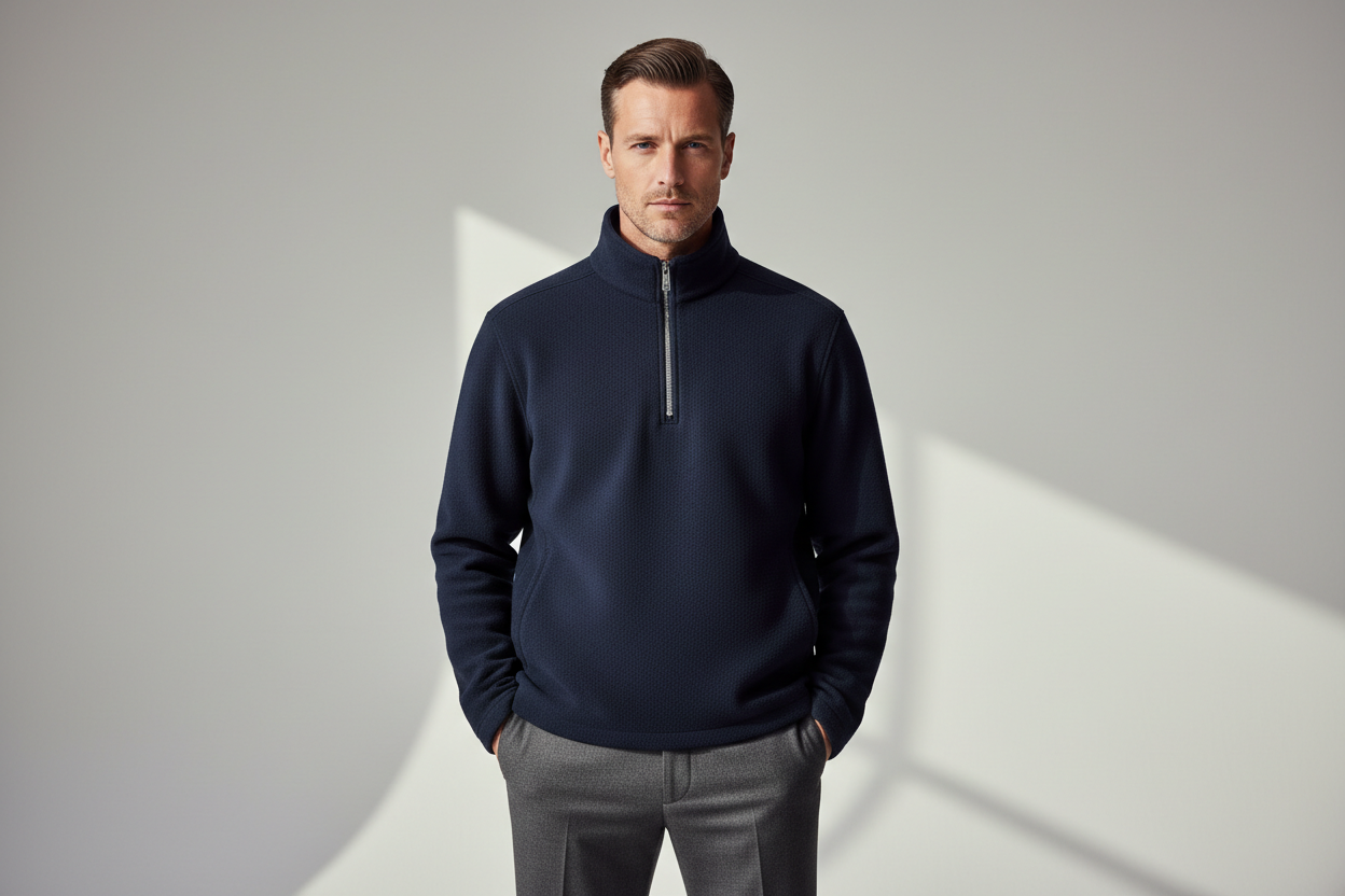 Luxury Fleece Half-Zip Pullover - Deep Navy Blue - Lifestyle Campaign