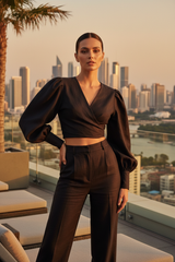Luxury Tailored Puff-Sleeve Pants Co-ord Set in Midnight Black - Lifestyle Campaign