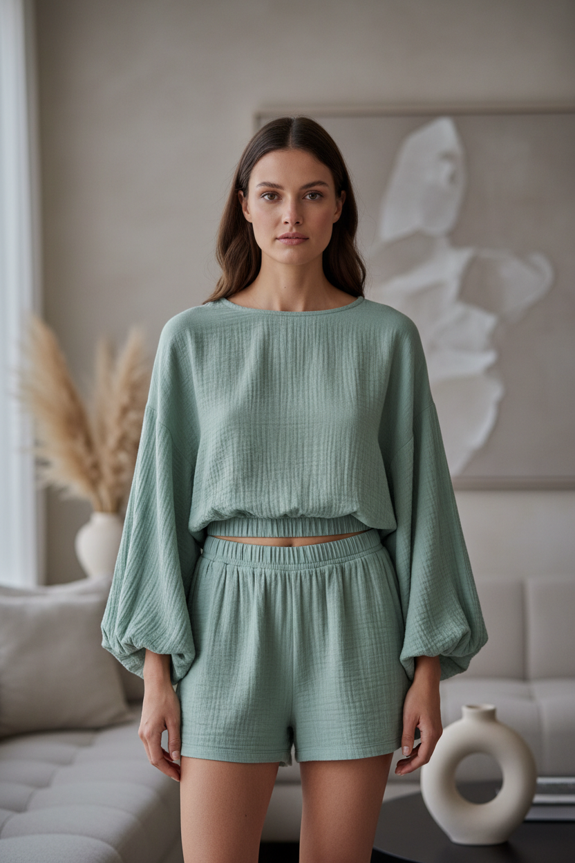 Luxury Minimal Lounge Set in Muted Sage Grey - Front Full Body