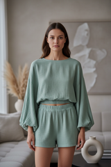 Luxury Minimal Lounge Set in Muted Sage Grey - Front Full Body