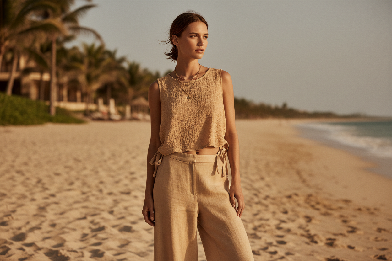 Luxury Sleeveless Crinkle Crop Top in Warm Sand Beige - Lifestyle