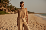 Luxury Sleeveless Crinkle Crop Top in Warm Sand Beige - Lifestyle