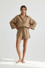 Luxury Minimal Linen Lounge Set in Dusty Olive Nude - Front Full Body
