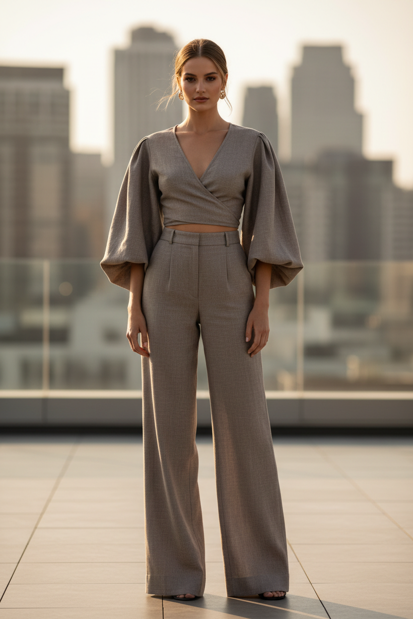 Luxury Tailored Puff-Sleeve Pants Co-ord Set in Muted Stone Taupe - Front Full Body