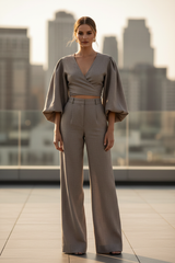 Luxury Tailored Puff-Sleeve Pants Co-ord Set in Muted Stone Taupe - Front Full Body