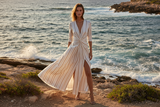 Luxury Striped Twist-Front Maxi Dress in Soft Ivory & Sand Stripe - Lifestyle