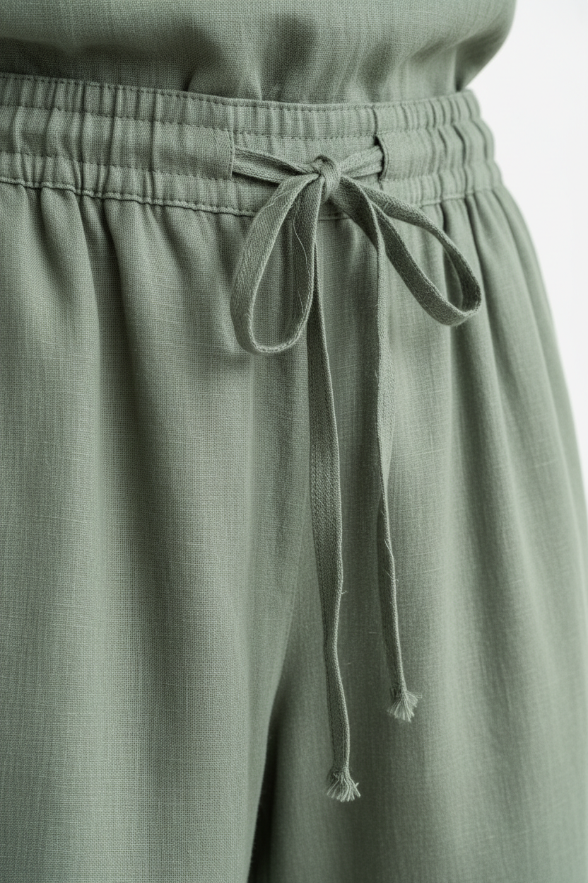 Luxury Minimal Linen Resort Set in Muted Sage Linen - Fabric Detail