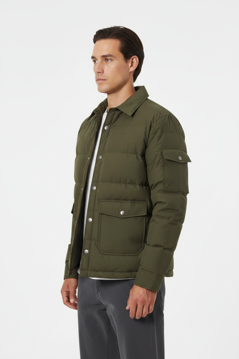 Luxury Quilted Puffer Jacket - Olive Forest Green - Side Angle
