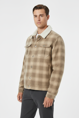 Luxury Plaid Sherpa-Collar Trucker Jacket - Sandstone Beige - Three Quarter