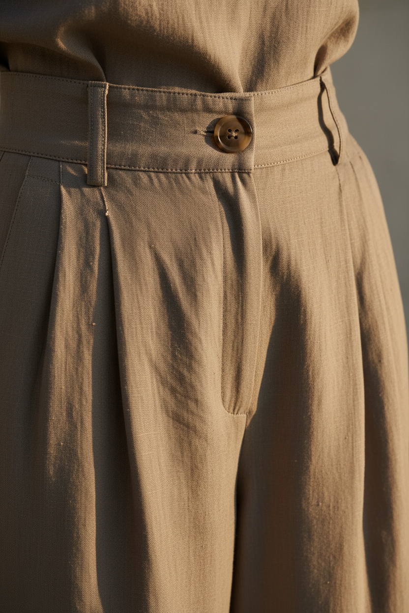 Luxury Tailored Puff-Sleeve Pants Co-ord Set in Muted Stone Taupe - Fabric Detail