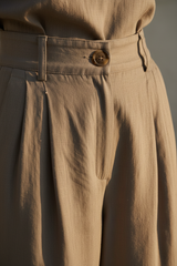 Luxury Tailored Puff-Sleeve Pants Co-ord Set in Muted Stone Taupe - Fabric Detail