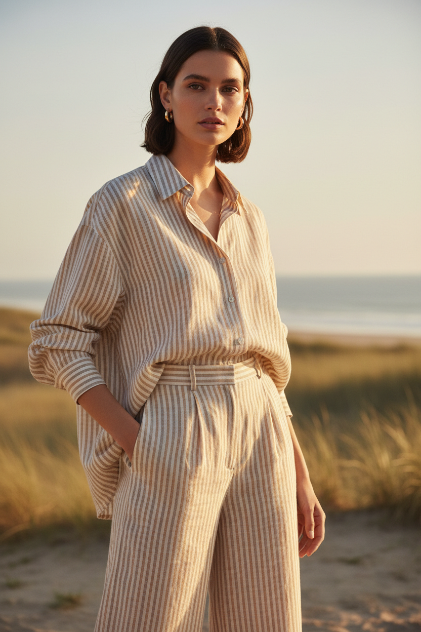 Warm Sand & Taupe Stripe – Three-Quarter Editorial