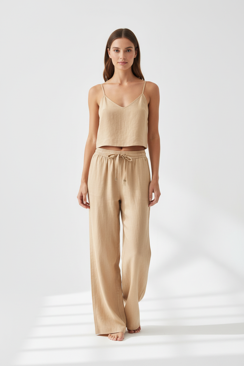 Luxury Minimal Linen Resort Set in Warm Sand Beige - Front Full Body