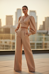 Luxury Tailored Puff-Sleeve Pants Co-ord Set in Warm Sand Beige - Three Quarter Editorial