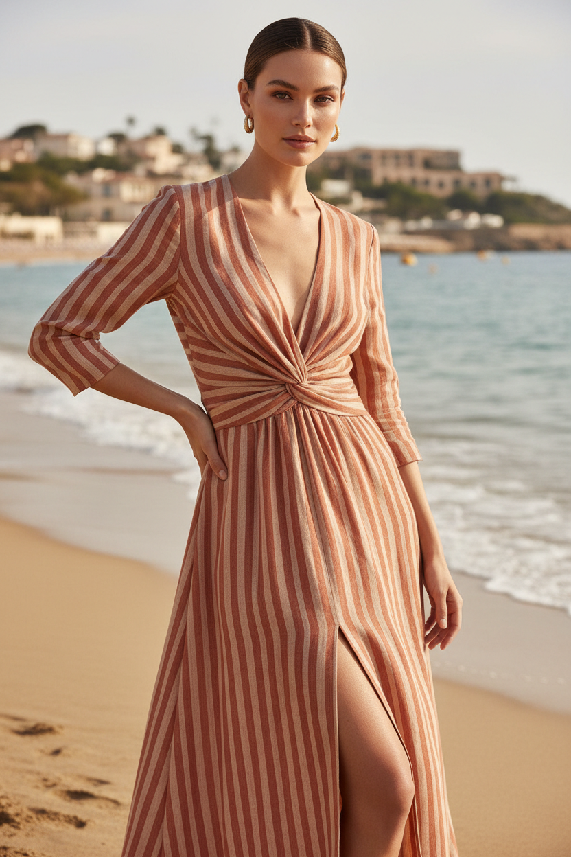 Luxury Striped Twist-Front Maxi Dress in Dusty Terracotta & Nude Stripe - Editorial Pose