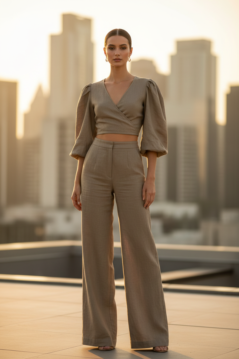 Luxury Tailored Puff-Sleeve Pants Co-ord Set in Dusty Olive Nude - Front Full Body
