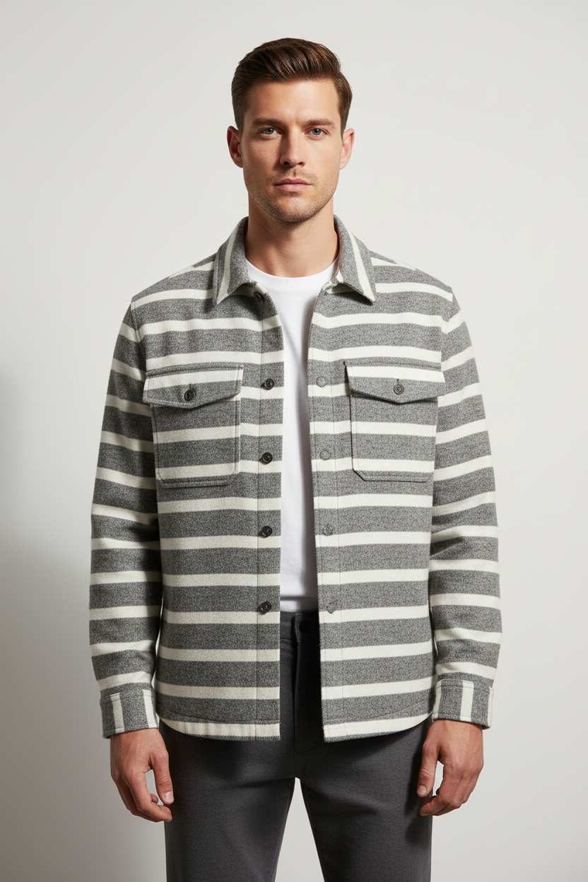 Luxury Striped Overshirt Jacket - Stone Grey Stripe - Front View