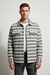 Luxury Striped Overshirt Jacket - Stone Grey Stripe - Front View