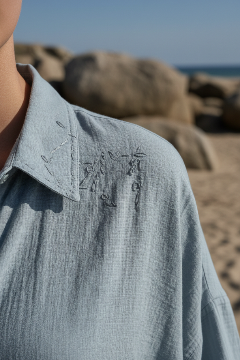 Luxury Oversized Beach Shirt Set in Ocean Mist Grey - Fabric Detail