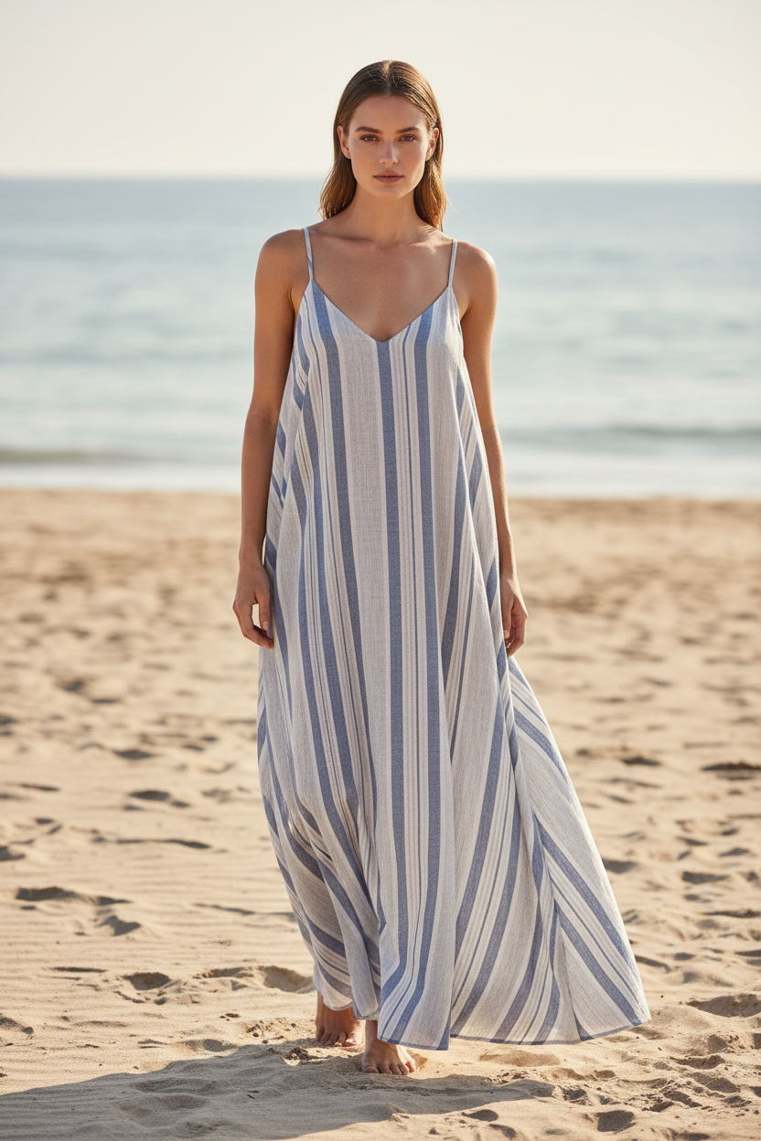 Dusty Blue & Stone Stripe – Front Full-Body
