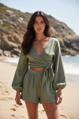 Luxury Beach Night Lounge Set in Muted Olive Shadow - Front Full Body