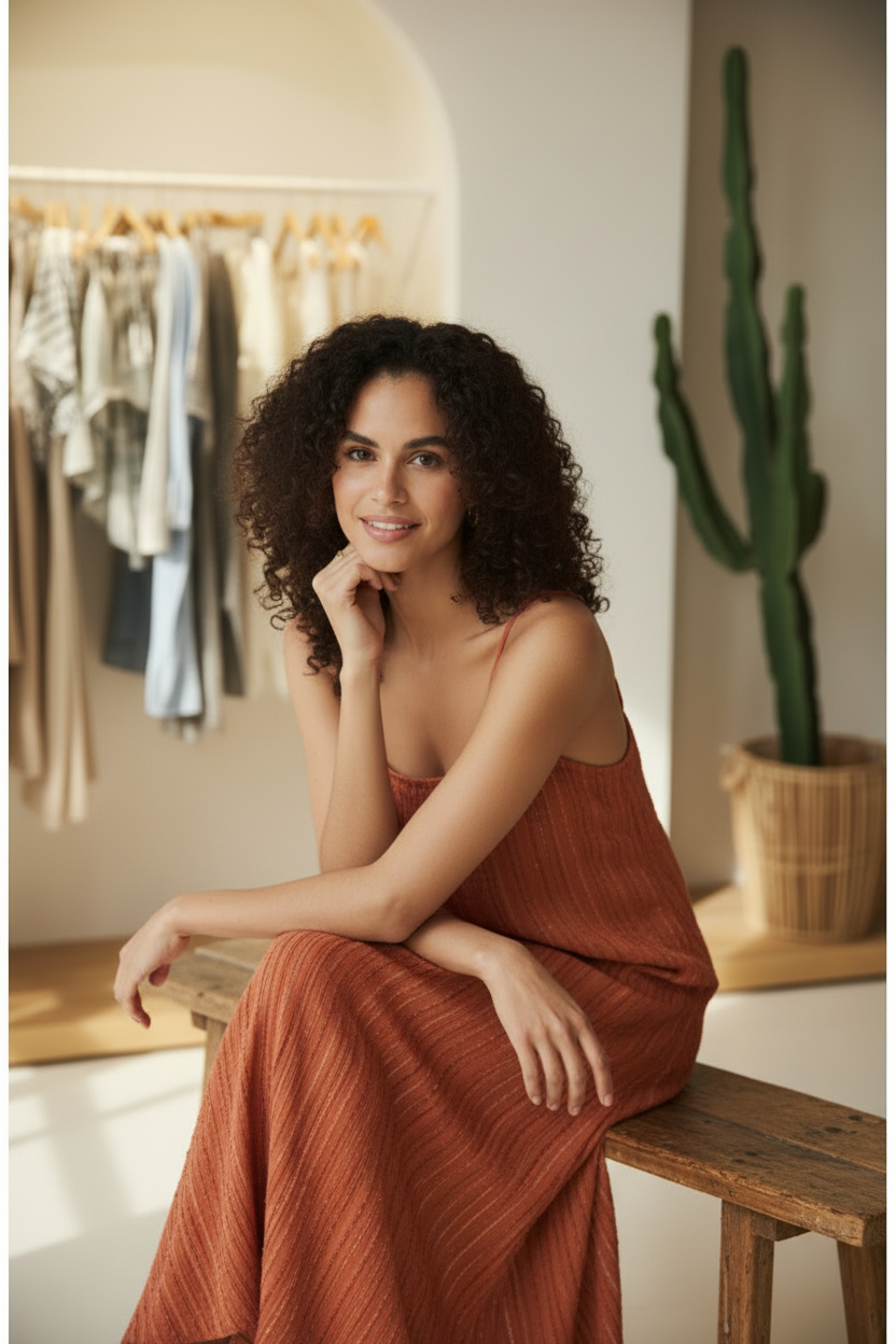 Model wearing Terracotta Boho Striped Maxi Dress - seated pose