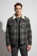 Luxury Plaid Sherpa-Collar Trucker Jacket - Charcoal Smoke Grey - Front View