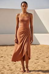 Luxury Asymmetrical Wrap Skirt in Dusty Terracotta Nude - Front View