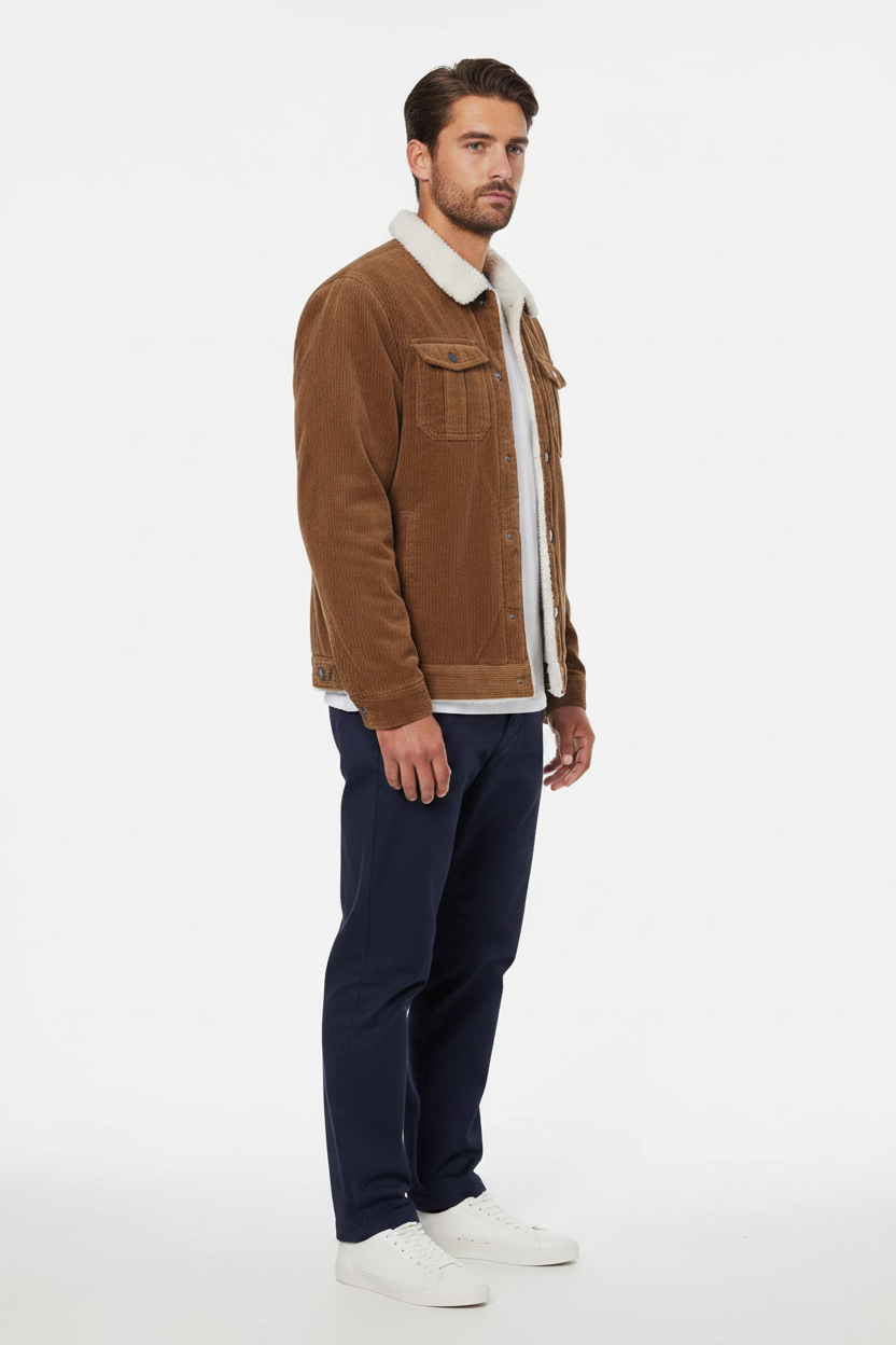 Luxury Sherpa-Collar Corduroy Trucker Jacket - Warm Tobacco Brown - Side Angle