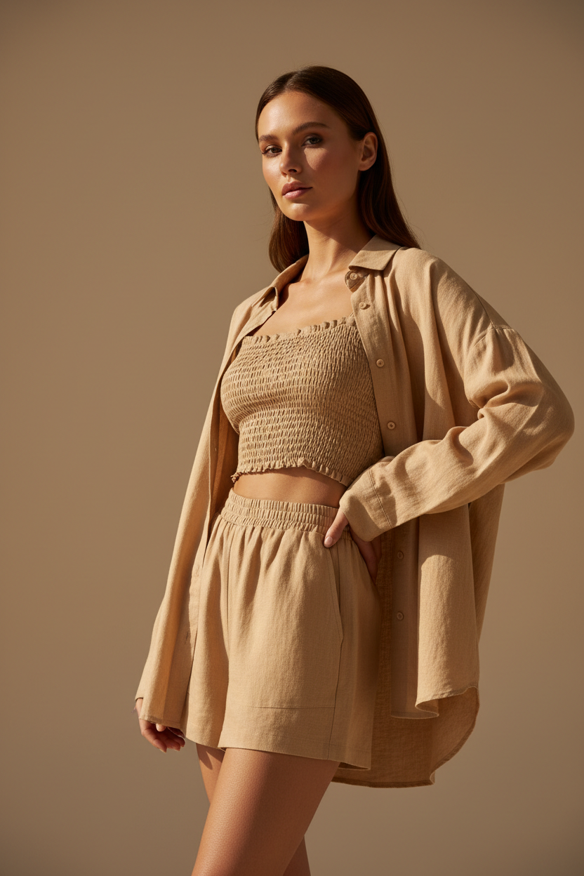 Luxury Smocked Camisole & Summer Shirt Set in Warm Sand Beige - Editorial Pose