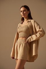 Luxury Smocked Camisole & Summer Shirt Set in Warm Sand Beige - Editorial Pose