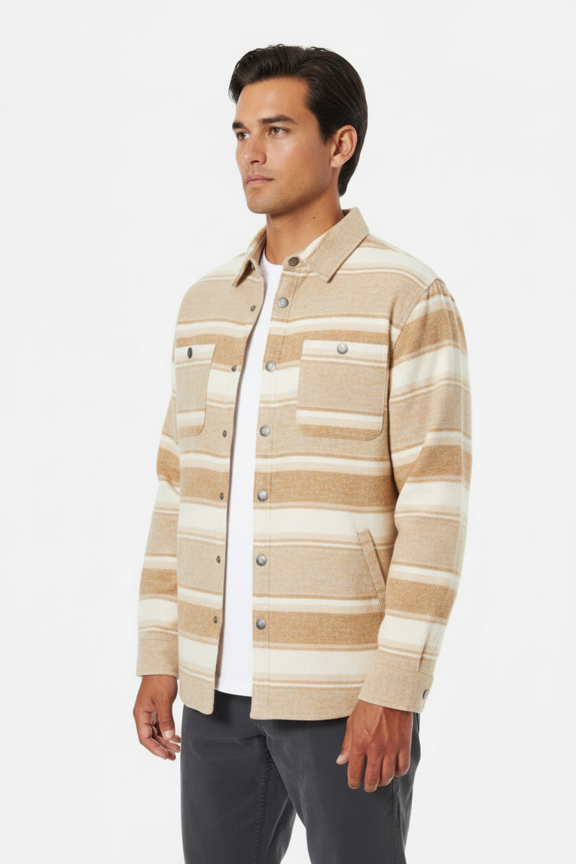 Luxury Striped Overshirt Jacket - Warm Sand Beige Stripe - Three Quarter