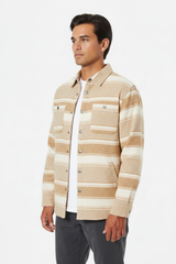 Luxury Striped Overshirt Jacket - Warm Sand Beige Stripe - Three Quarter