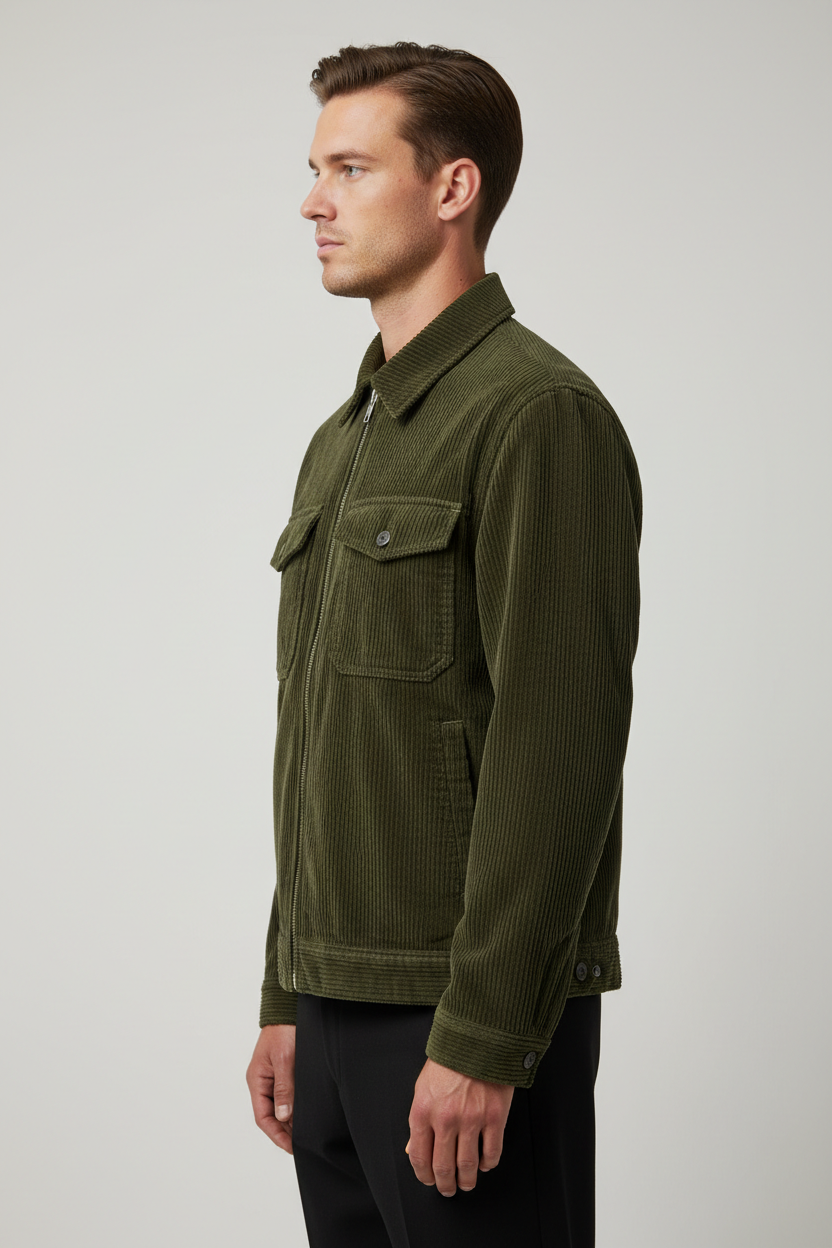 Luxury Corduroy Zip-Up Jacket - Olive Forest Green - Side Angle