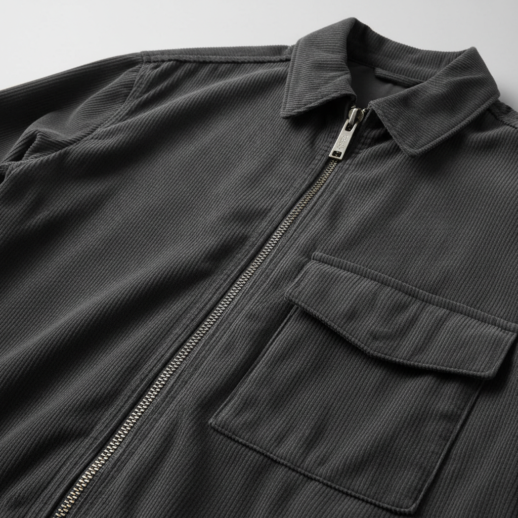 Luxury Corduroy Zip-Up Jacket - Charcoal Grey - Detail Close Up