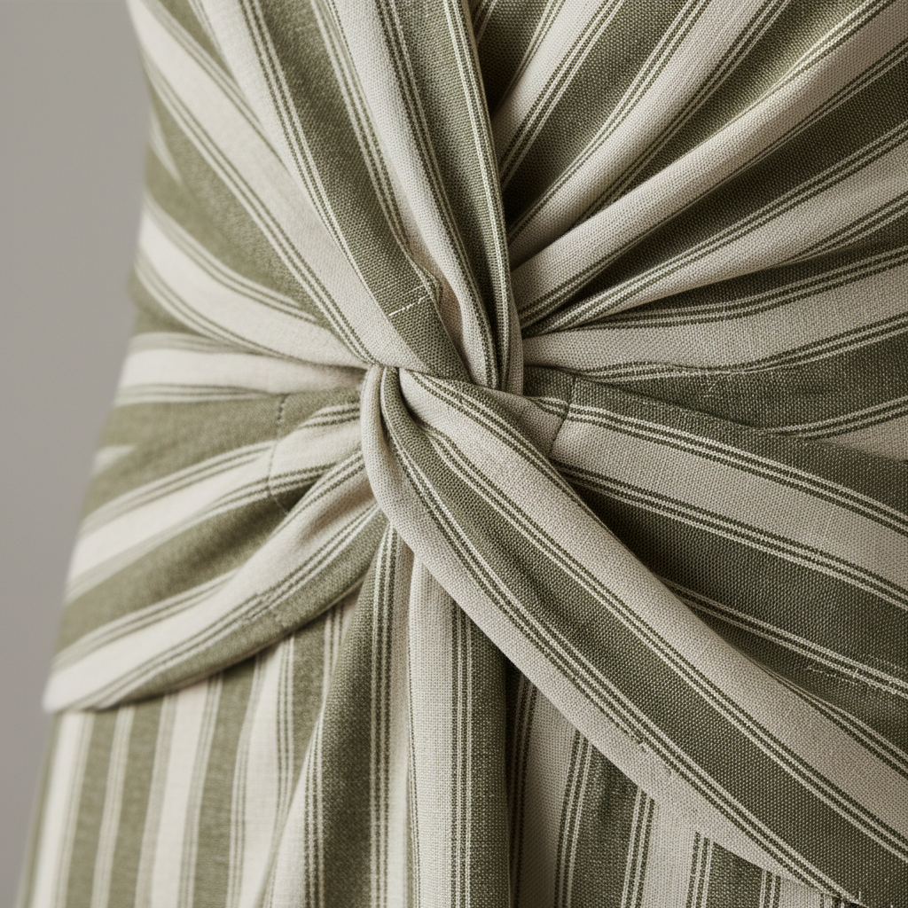 Luxury Striped Twist-Front Maxi Dress in Muted Olive & Cream Stripe - Fabric Detail