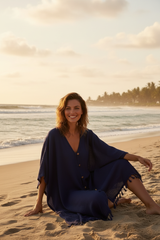 Navy Blue Kaftan - Sitting on sand